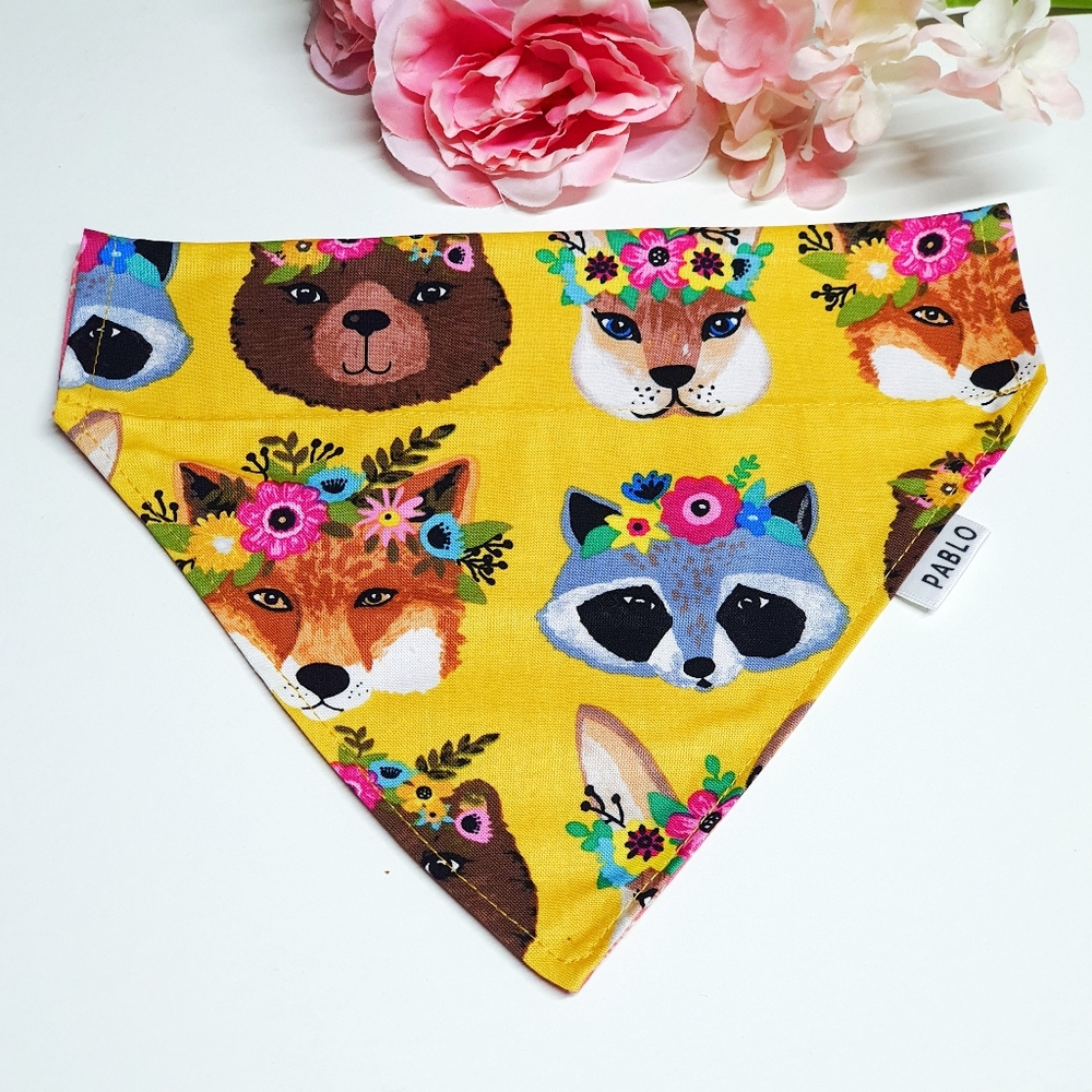 🐶 5 for $15 * Pablos Yellow Forest Creatures Floral Dog Bandana
